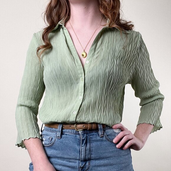 Vintage Pleated Crinkle Texture Oversized Button Up Relaxed Fit Blouse Shirt Top - Picture 2 of 7